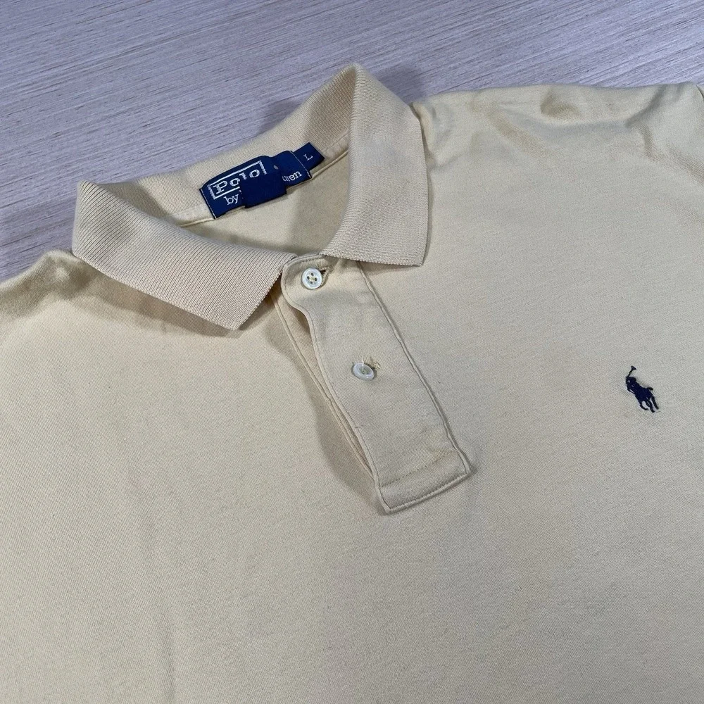 Polo Ralph Lauren Shirt Mens Large Yellow Short Sleeve Dark Blue Pony Vintage